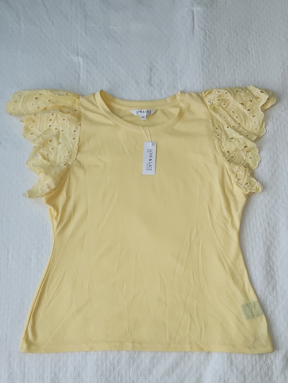 Love & Lace Yellow Ribbed Knit Eyelet Flutter Ruffle Sleeve Top | PXL | NWT
